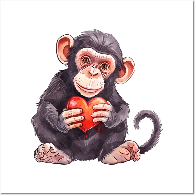 Valentine Chimpanzee Holding Heart Wall Art by Chromatic Fusion Studio